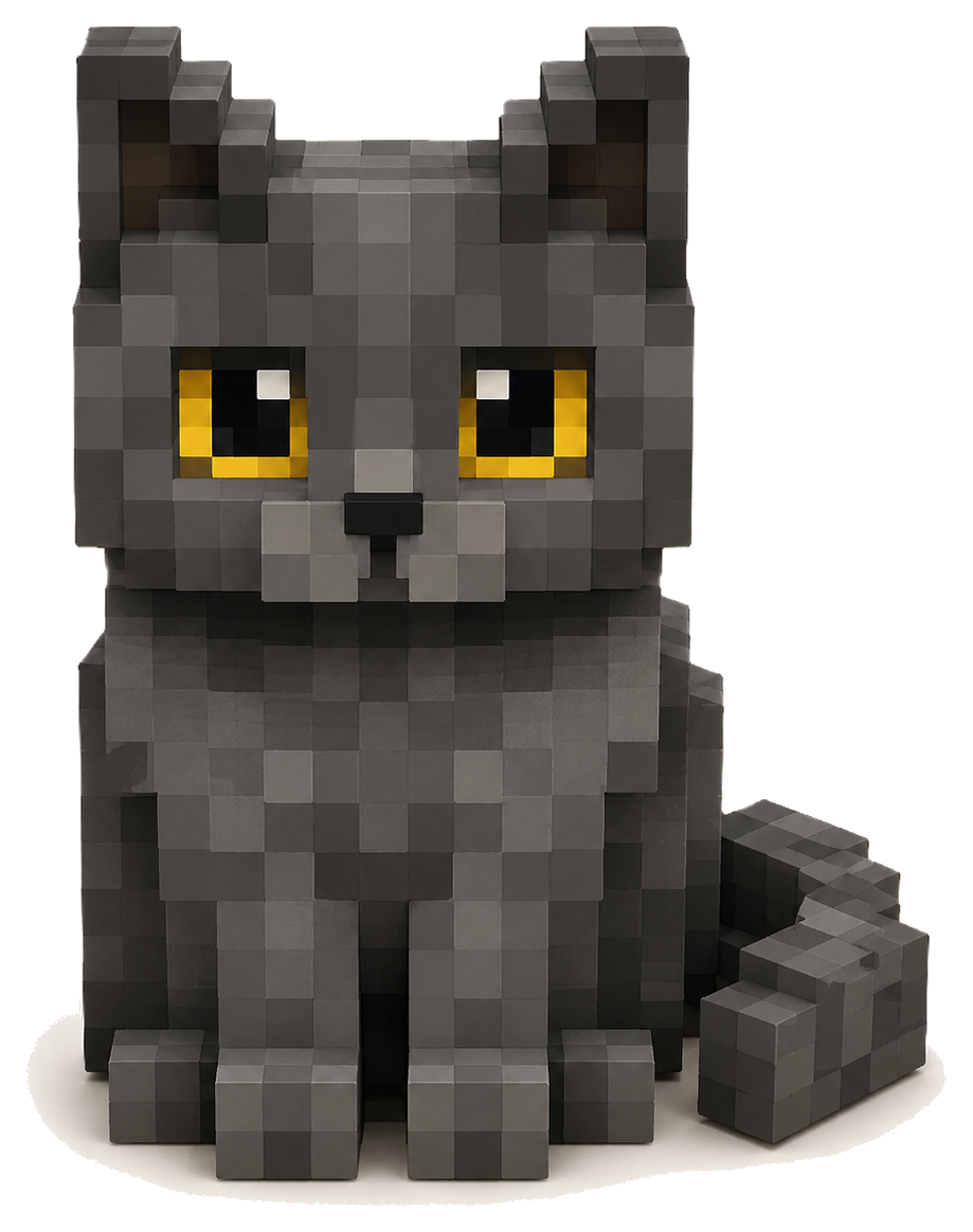 Minecraft-style grey cat beside title